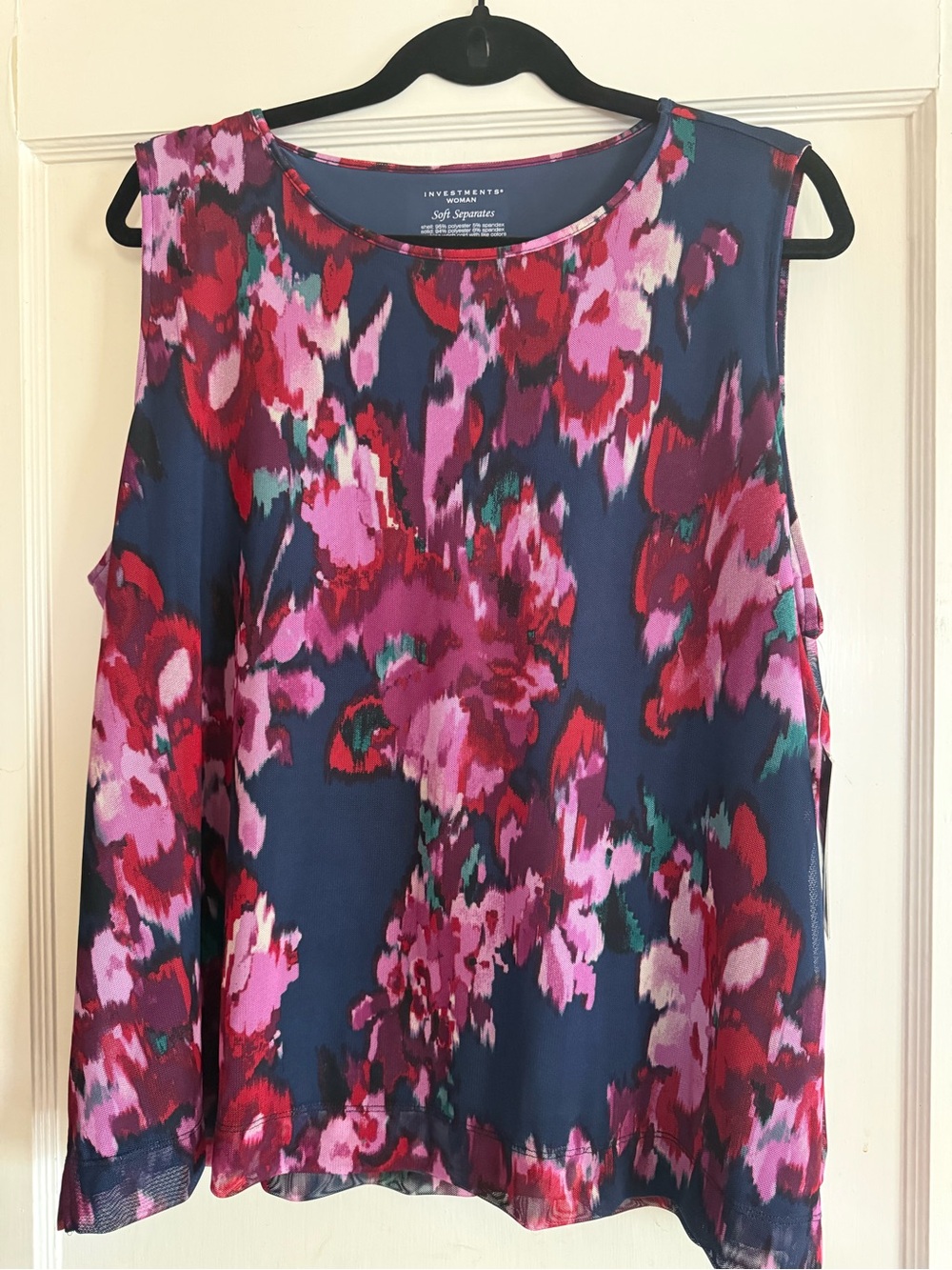 Investments Womens NWT Floral Sleeveless Top in Navy & Pink 1X